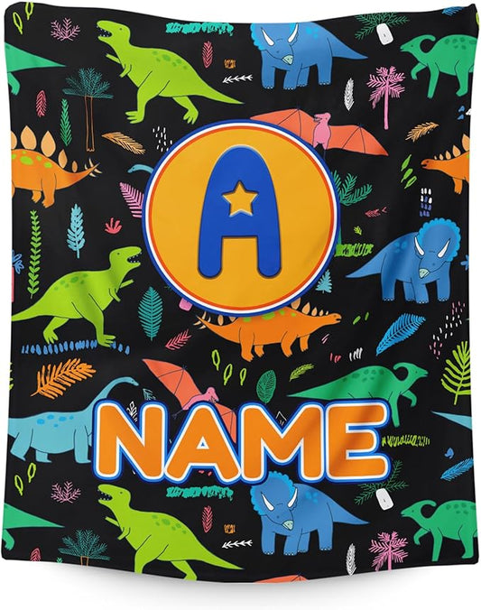 Blankets for Boys Personalized Monogram Throws Gifts, Custom Name Soft Cozy Cute Dinosaur Blanket for Kids Toddlers Teens Accessories Decor for Sofa Couch Bedroom Living Room Home