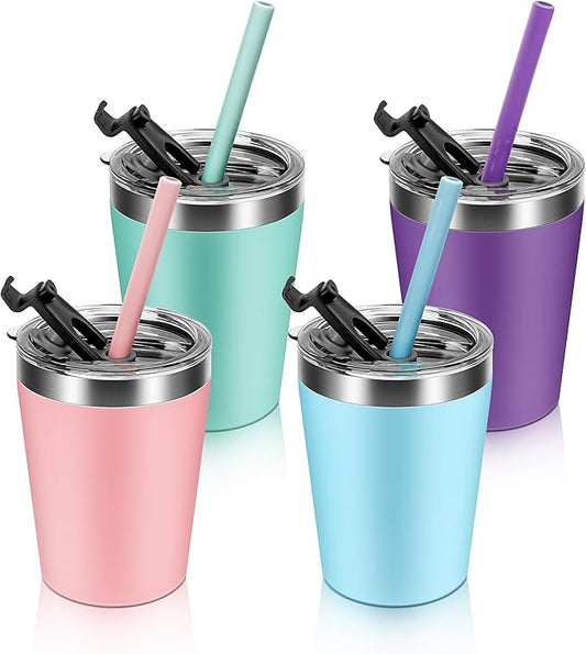 Toddler Straw Cups, 8oz Stainless Steel Insulated Tumblers with Lids and Straws, Powder Coated Double Wall Vacuum Kids Drinking Sippy Cups for Baby Boys Girls, 4 Pack