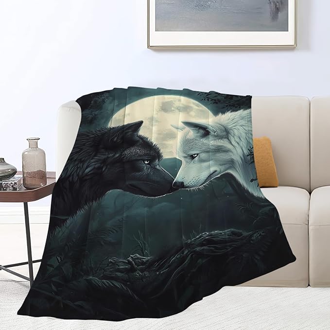 Wolf Blanket Black White Wolf Throw Blanket Wolf Gifts for Men Women Boys Girls Kids Adults Super Soft Cozy Plush Fluffy Fuzzy Fleece Blanket Home Decor 60''X80''