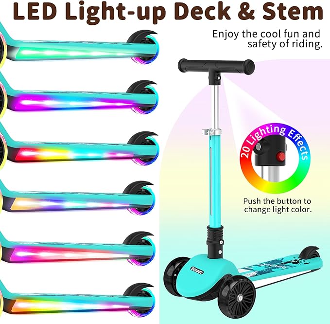 BELEEV A9 Kids Scooter with LED Light-Up Wheels & Deck, 3 Wheel Folding Scooter for Toddlers Girls Boys Ages 3-12, Adjustable Handlebar, Lean to Steer, Extra-Wide Wheels, Kick Scooter for Children
