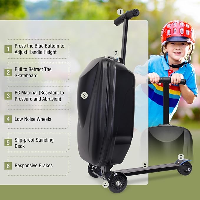 20" Scooter Suitcase for Kids, 2-in-1 Ride On Luggage with Wheels for Boys & Girls Ages 4-15, Foldable Hardshell Carry On Lightweight Travel Suitcase for Airplane