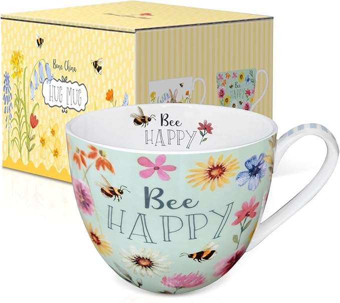 20 oz Bees & Flowers Coffee Hug Mug ,“Be Happy” Designed to Spread Joy, Premium Bone China, Perfect Holiday, Birthday, and Christmas Gift for Women, Designed in England by Harvest Green Studio