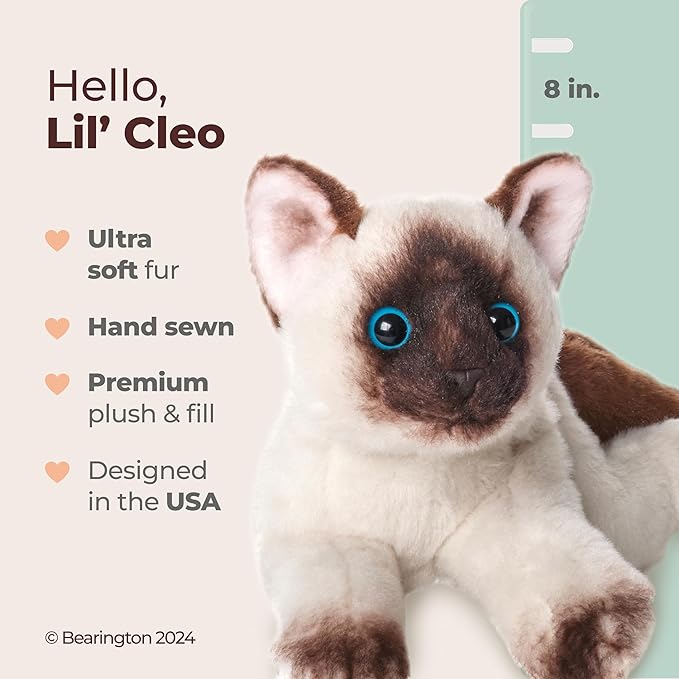 Bearington Lil' Cleo Siamese Cat Plush Toy Stuffed Animals with Ultra Soft Long Fur - Birthday, Anniversary, Valentines Day Gift for Animal Lovers, Cat Owners
