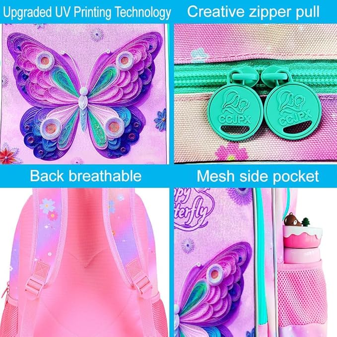 CCJPX 3Pcs Butterfly Backpack, 16” Kids Girls Bookbag with Lunch Box, Water Resistant Elementary School Bag for Kindergarten Preschool Toddler (Pink)