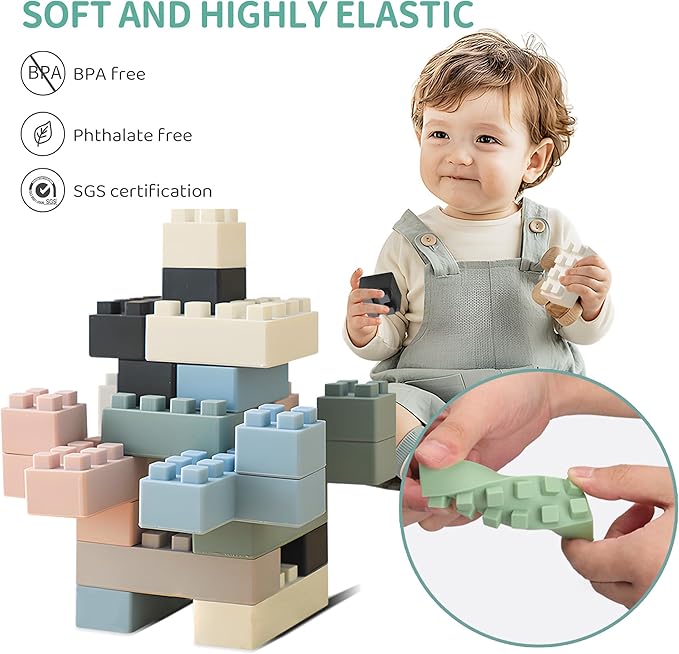Silicone Blocks Soft Building Blocks, Montessori Educational Toy Soft Baby Blocks for Teething Gifts, Large Sensory Stacking Toys for Preschool Learning Creative Play, 20PCS