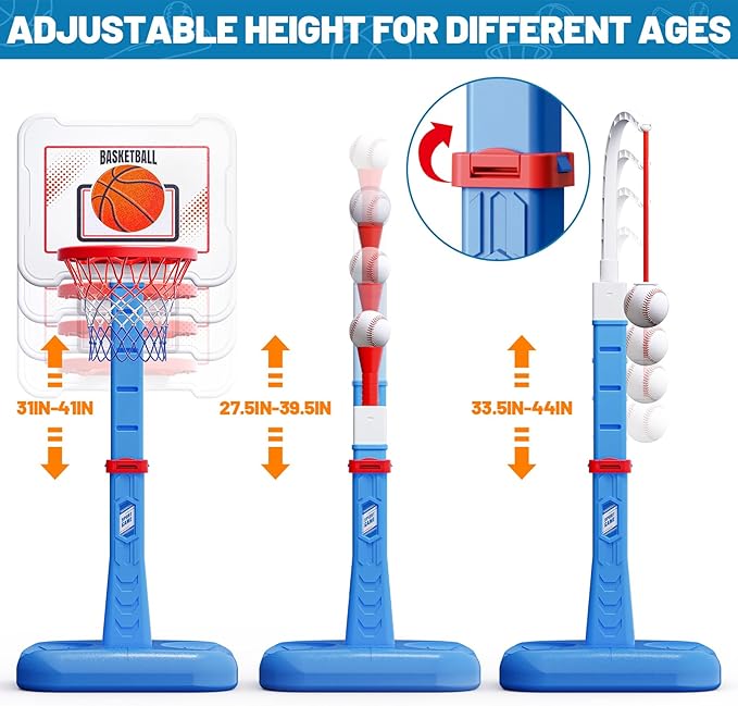 3 in 1 Kids Basketball Hoop and T Ball Set, Adjustable Height Toddler Basketball Hoop, Hanging Tee Baseball, Indoor Outdoor Sports Toys Gifts for Toddlers Boys Girls Ages 3 4 5 Year（Blue