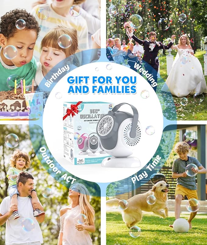 Rechargeable Bubble Machine, Automatic 360° Rotation, 75° Adjustment Bubbles Blower with 10 Large Holes Wands for Kids, Toddlers Outdoor Play, Wedding, Birthday Party, Gifts Toys for Boys, Girls