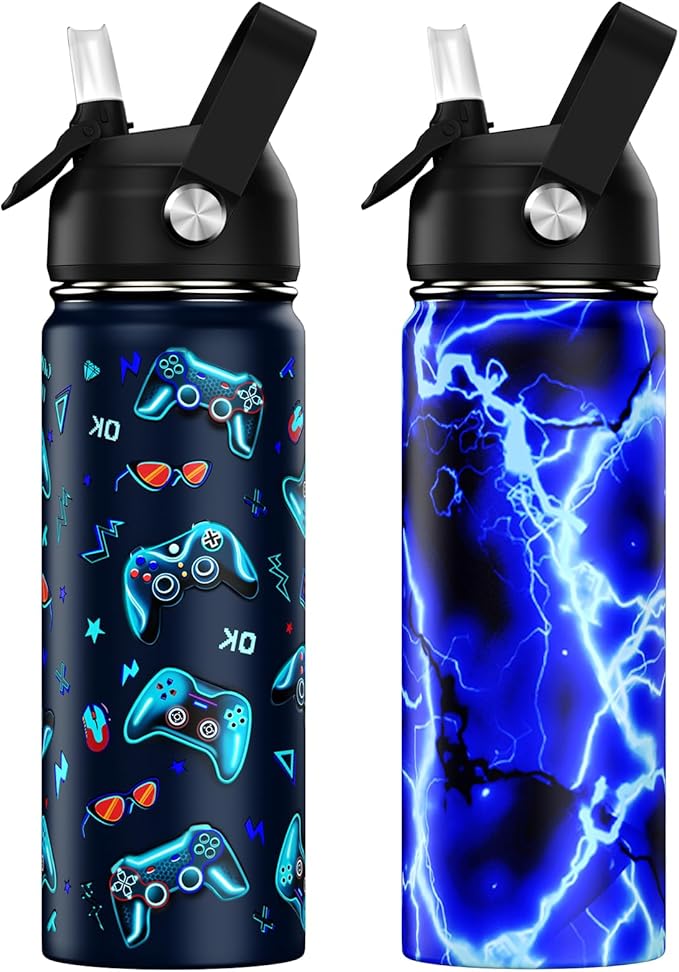 18oz Kids Insulated Water Bottle with Straw Lid - 18/8 Stainless Steel Kid Cup Travel Tumbler Double Wall Vacuum Leak Proof Portable Toddler Water Bottle (Lightning+Game）