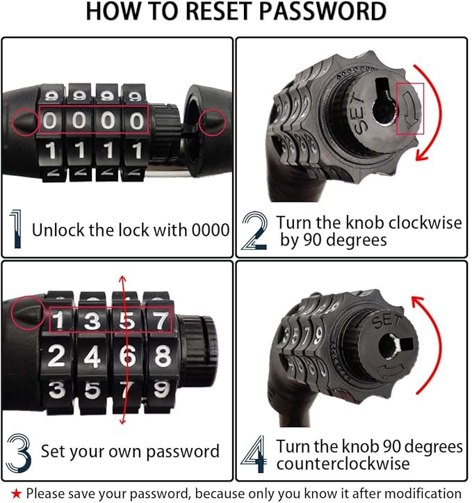 4 Digit 3 Feet Long Bike Lock Cable Combination, Resettable Anti Theft Bicycle Lock for Electric Scooter