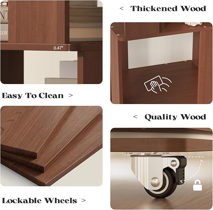 6 Tier Solid Wood Rotating Bookshelf Tower on Wheels, 360° Upgrade Spinning Book Shelf, Revolving Bookcase Organizer, Swivel Bookshelves for Small Spaces, Corner, Bedroom, Kids Room, Office (Walnut)