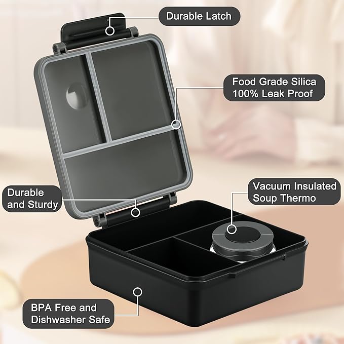 Itslife Bento Lunch Box for Kids with 8oz Soup Thermo&Lunch Bag, Leak-Proof Lunch Food Containers with 4 Compartment, Hot Food Insulated Food Jar for Kids School (Black)