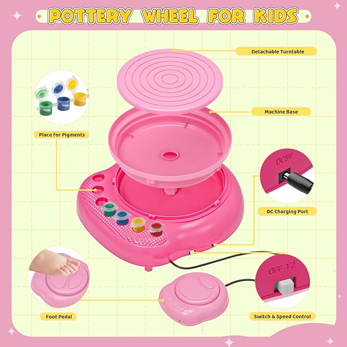 Pottery Wheel for Kids– Complete DIY Pottery Painting Kit for Ages 8-12 Beginners with 4 Air-Dry Clay Packs and Tools, Arts & Crafts Supplies Toys Birthday Gift for Boys Girls 6+ Years Old (Pink)