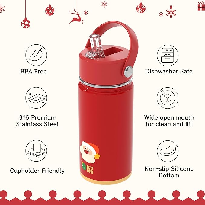 OISIZ Christmas Water Bottle for Kids,14oz Insulated Cup with Straw Lid,316 Stainless Steel Bottles for School,Insulated Tumbler for Holiday Gifts for Kids,Keep Cold for 24 Hours