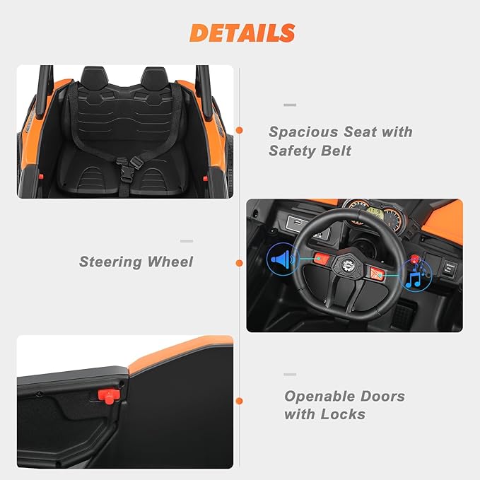 JOYLDIAS 4WD Ride On Car, 12V Battery Powered Electric Off-Road UTV for Kids, 4X4 Electric Vehicle with 4 Powerful Engines, 2.4G Remote Control, Music, Bluetooth, LED Lights for Boys and Girls, Orange