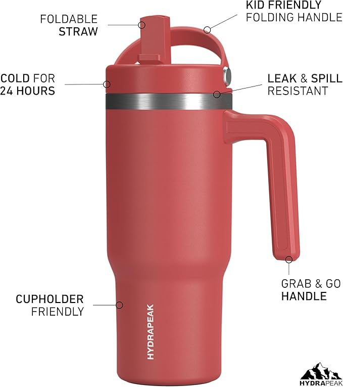 Hydrapeak Kids Voyager 18 oz Tumbler with Handle and Flip-Up Straw Lid | Spill Proof and Leak Resistant | Reusable Stainless Steel Water Bottle | Gift for Kids Boys Girls | Faded Red
