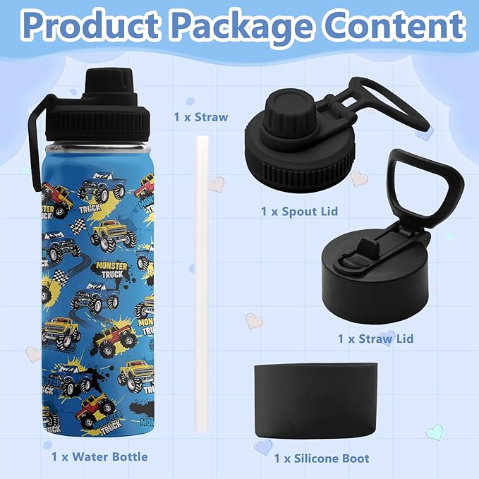 Truck Gifts for Boys, 18 oz Stainless Steel Water Bottles with 2 Lids, Insulated Water Bottle with Straw, Truck Cups for Travel Sports Outdoor, Birthday Christmas Gifts for Boys Truck Lovers