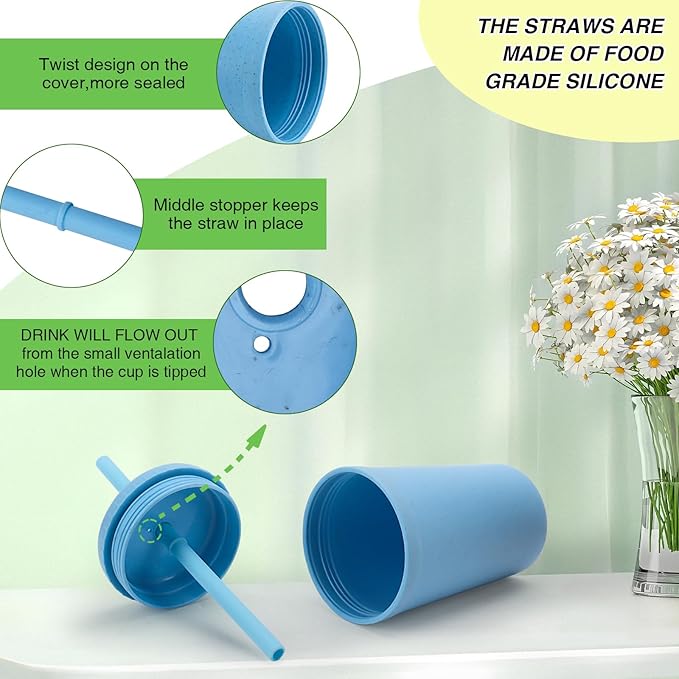 10 oz Wheat Straw Cups with Lids and Silicone Straws, Unbreakable Drinking Glasses, Plastic Cups for Kitchen, Small Tumbler Cups with Cleaning Brush, BPA Free, Dishwasher & Microwave Safe, 6 Pack