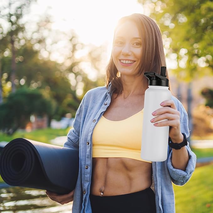 DOMICARE 40 oz Insulated Water Bottle Bulk, Vacuum Insulated Stainless Steel Sports Water Bottle with Straw Lid & Spout Lid, Leakproof, Reusable - Travel, Camping, Bike, White (4 Pack)