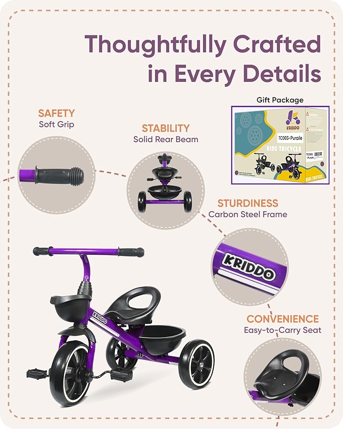 KRIDDO Kids Tricycles Age 24 Month to 4 Years, Toddler Kids Trike for 2.5 to 5 Year Old, Gift Toddler Tricycles for 2-4 Year Olds, Trikes for Toddlers, Purple