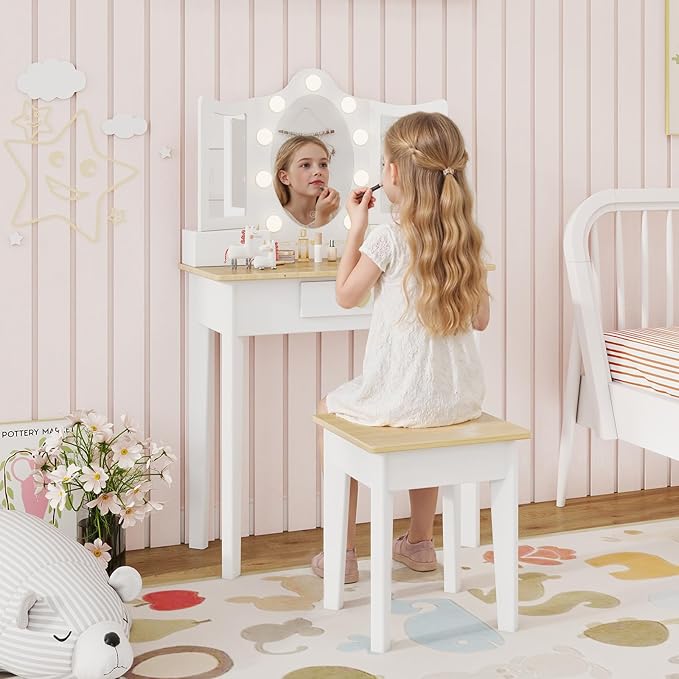 labebe Kids Vanity, Girls Vanity Desk with LED Changing Lights, Pretend Play Princess Vanity Set, Wooden Toddler Makeup Desk Dressing Table with Drawer and Chair (White)