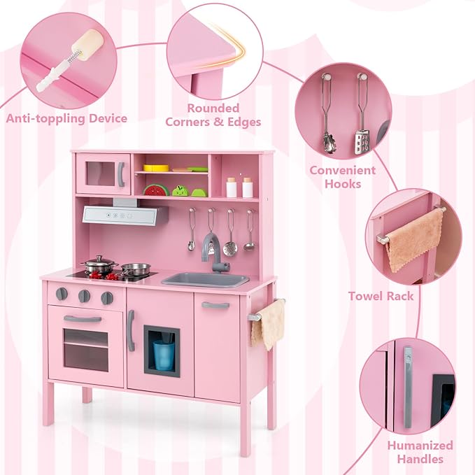 Costzon Kids Kitchen Playset, Wooden Pretend Toddler Kitchen Toy Set w/Sound, Microwave, Oven, Ice Maker, Range Hood, Stoves, Sink & 18 Accessories, Pink Play Kitchen for Girls Ages 3+