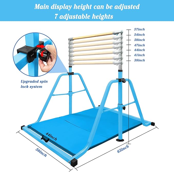 Foldable Gymnastics Kip Bar,Horizontal Bar for Kids,No Wobble Gym Equipment for Home Indoor,3' to 5' Adjustable Height,Gymnasts 1-4 Levels,300 lbs Weight Capacity