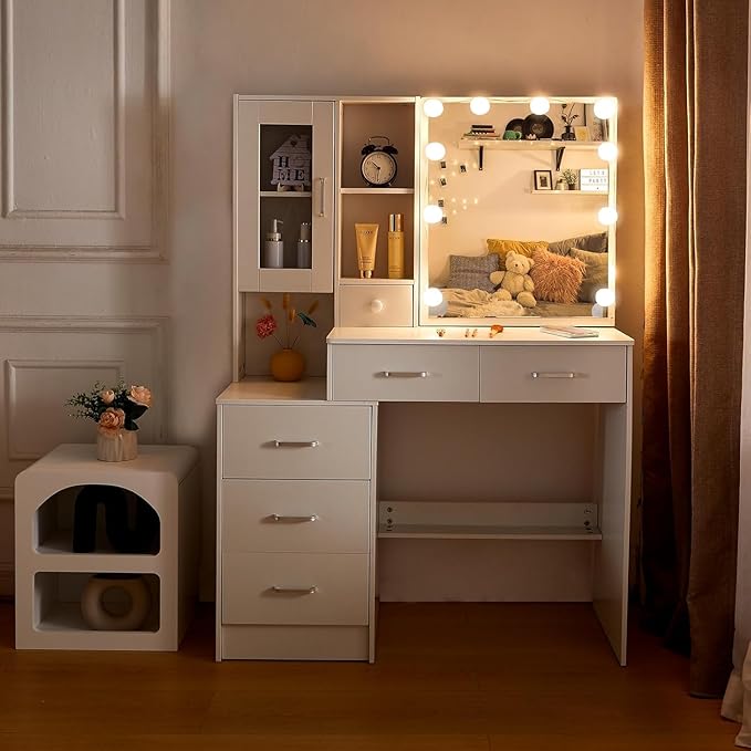 Large Vanity Desk with LED Lighted Mirror, 6 Drawers, 1 Door Cabinets, 6 Oppen and Hidden Shelves Makeup Table with Brightness Adjustable, Dressing Vanity Set for Girls