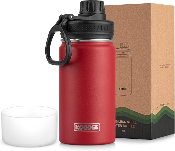 koodee Small 12 oz Stainless Steel Vacuum Insulated Wide Mouth Water Bottle with Leakproof Spout Lid (Canyon Red)