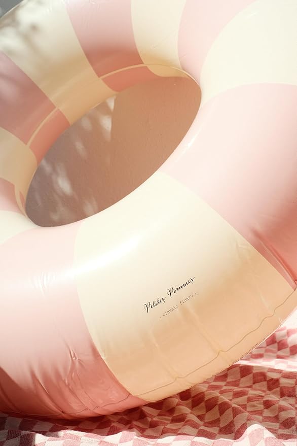 Petites-Pommes Beach Floats for Kids - Durable Swim Ring, Handprinted Classic Striped Design Pool Inner Tubes, Soft Comfort Seaming, Packable Floats for Travel, Baby Pink, 35 inch