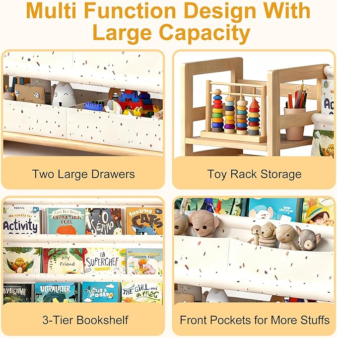 Kids Bookshelf and Toy Storage - 3 Tier Wood Kid Book Shelf for Kids Room, Toddler Bookshelf Book Organizer with Sling Pocket, Baby Bookcase for Nursery, Kindergarten, Playroom - Cream Terrazzo