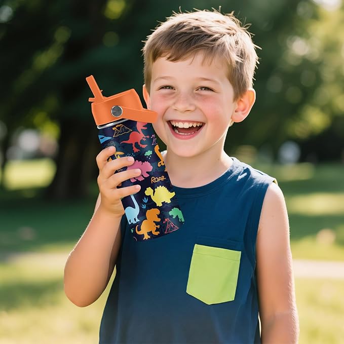 Dinosaur Gifts for Kids - 16oz Colorful Dino Water Bottle with Straw Lid, Stainless Steel Insulated Tumbler, Leakproof, BPA-Free, for Boys & Girls, School, Travel - Dino Lovers Birthday Gift Cup (1pc)