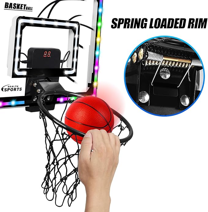 AOKESI Mini Basketball Hoop Indoor with Scorer and Batteries|Inside Basketball Hoop Over The Door with Colorful LED Lighting|Toy Basketball Gifts for Boys Girls Teens Adults, Black