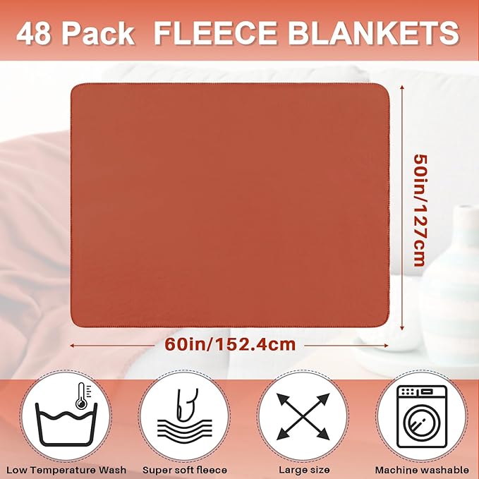 Newwiee 48 Pcs Fleece Throw Blankets Bulk Outdoor Wedding Guest Gifts Soft Lightweight Sleepover Lap Blankets Pet Home Sofa Couch Office Donation Homeless, 50 x 60 Inch (Reddish Brown)