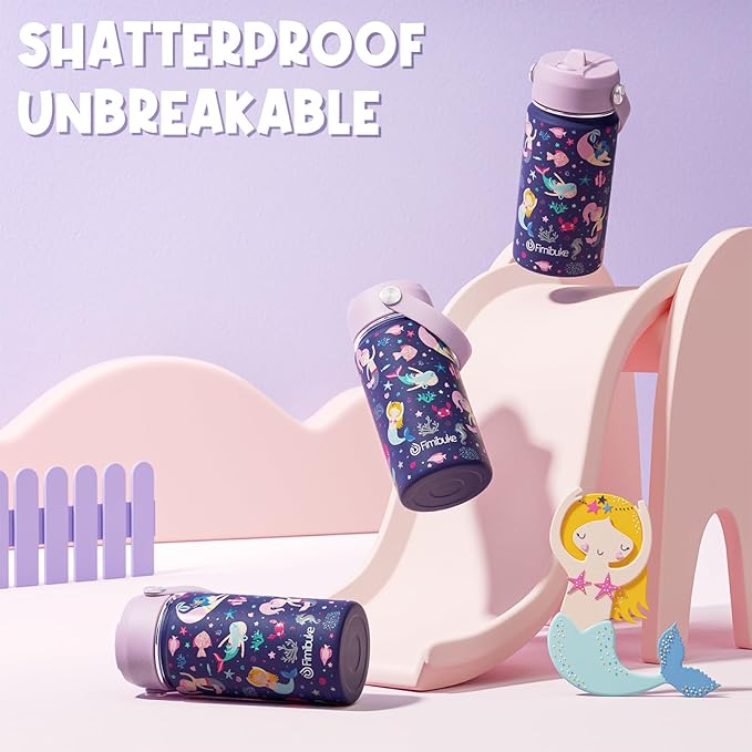 Fimibuke Kids Insulated Water Bottle, 14oz BPA FREE 18/8 Stainless Steel Travel Tumbler Double Wall Vacuum Leak Proof Kids Cup with Straw Metal Water Bottle for School Boys Girls(1 Pack, MERMAID)