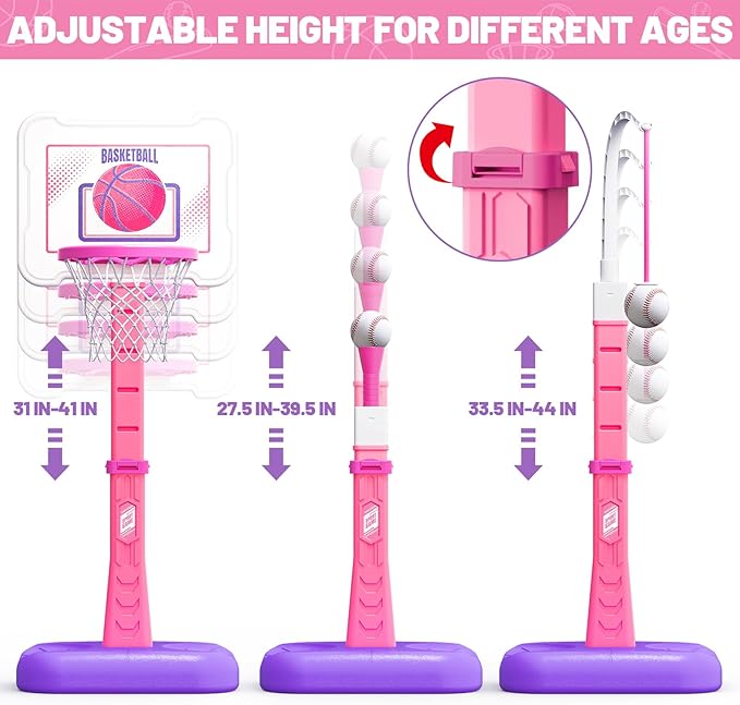 3 in 1 Kids Basketball Hoop and T Ball Set, Adjustable Height Toddler Basketball Hoop, Hanging Tee Baseball, Indoor Outdoor Sports Toys Gifts for Toddlers Boys Girls Ages 3 4 5 Year（Pink