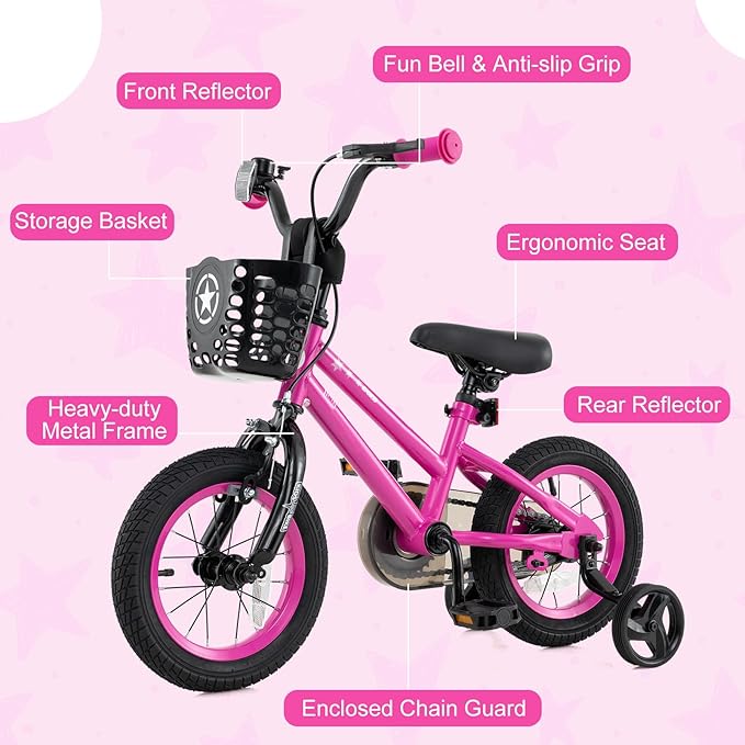 BABY JOY Starry Kids Bike, 12 14 16 18 Inch Bicycle with Training Wheels, Storage Basket, Adjustable Handlebar & Seat, Handbrake & Coaster Brake, Girls Boys Bike