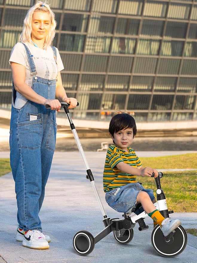 XJD Toddler Bike, 6 in 1 Folding Toddler Tricycle for 1-4 Year Old with Parental Control Handle, Balance Bike with Removable Pedal, Backrest, Adjustable Seat and Handle, First Birthday Gifts (White)