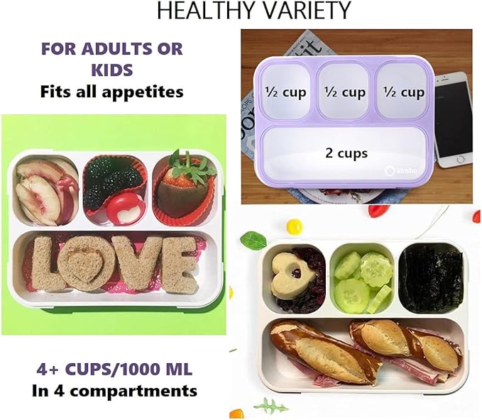 Bento-Box with Lunch Bag and Ice Pack Set. Containers for Kids Girls Adults Snacks and Lunches. 4 Compartments, Leak-proof Portion Container Boxes Insulated Bags for School, Purple