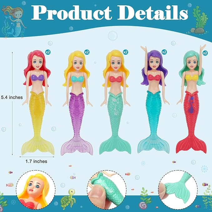 10 Pack Colorful Mermaid Diving Toys Underwater Sinking Pool Toys for Toddlers Kids Girls Ages 3-12, Summer and Spring Fun Bath & Swimming Pool Games, Non-Repeating Styles (White)