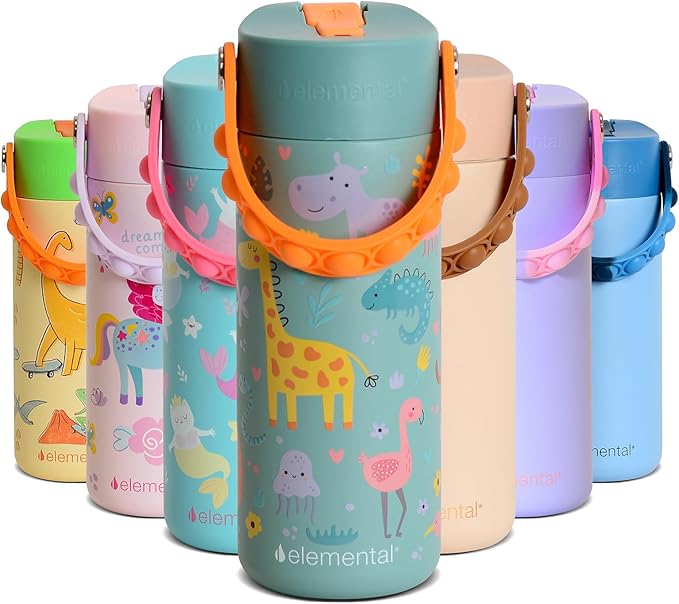 Elemental Insulated Kids Water Bottle, Stainless Steel Water Bottle with Straw Lid & Pop-It Handle, Leak-Proof Water Bottles for School, Boys or Girls, Travelling and Sports, 18oz - Safari