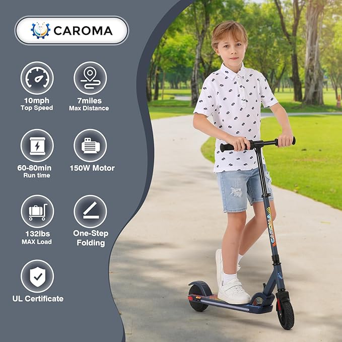 Caroma Electric Scooter for Kids Ages 6-14, 150W/180W Motor,10 MPH Max Speed & 7 Miles,Adjustable Height & Speed,Colorful Lights,LED Display,Foldable Kids Electric Scooter 132 Lbs Max Load
