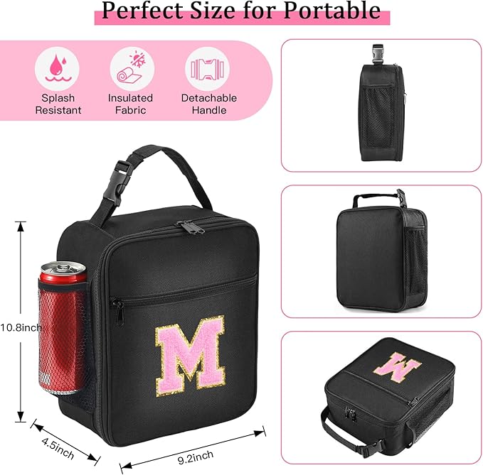 Initial Insulated Lunch Bag, Lunch Box with Initial Letter Patch for Teen Adult, Reusable Lunch Bag for Men Women, Ideal Back to School Gift Birthday Gift, Pink M