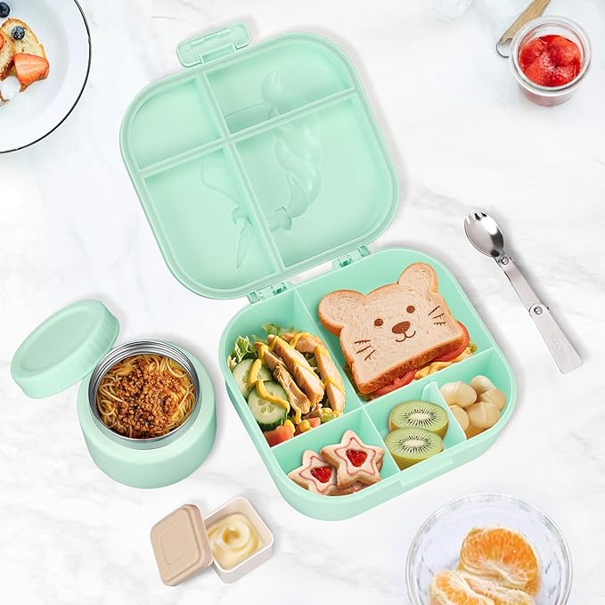 Kids Lunch Box Set -12oz Insulated Food Jar, Thermal Bag,Leakproof Lunch Food Containers Cutlery (BPA Free)-Gift for Girls/Boys Age 3-10(Green+Green Jar)