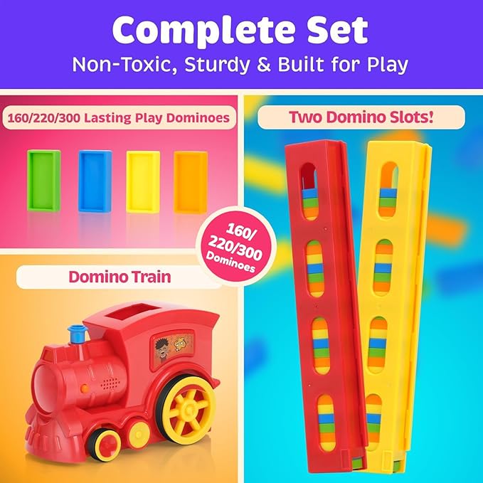 Atlasonix Domino Train for Kids - Dominos for Kids - Train Toys for Toddlers 3-5, Automatic Domino Laying Toy Set (300, 220,160 Blocks) with Colorful Dominos - Montessori STEM Toy