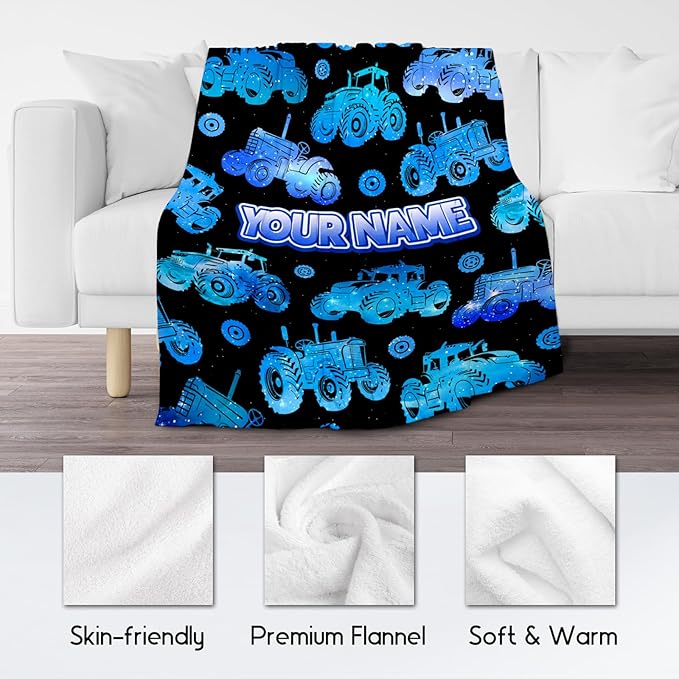 Personalized Kids Tractor Blanket with Name, 5-7 Throw Blanket, Car Lovers Boys Throw Blanket for Couch Office (Blue, 40x50 Inch)
