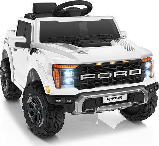 First Ride On Licensed Ford F-150 Raptor 12V Kids Ride on Truck, Ride on Toys for Toddlers with Remote Control, Electric Car for Kids with Truck Bed Storage, Smooth Start, Music, Bluetooth (White)