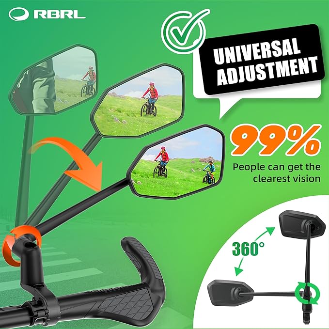 RBRL Bicycle Mirror, Aluminum Alloy Bike Mirror Handlebar Mount, Anti-shake & Break-proof, Foldable HD Real Glass Rotatable Ebike Accessories, Bike Rear View Mirror for Ebike Scooter (Right)