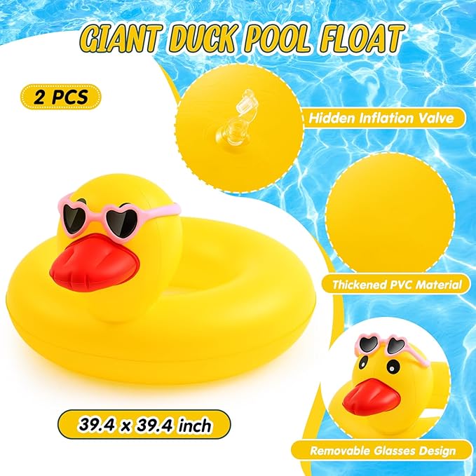 Hungdao 2 Pcs Funny Duck Pool Floats Large 39.4'' Rubber Ducks Floatie Inflatable Tube Swim Ring Giant for Summer Beach Swimming Pool Carnival Birthday Party Floaty Supplies Adults(Sunglasses)