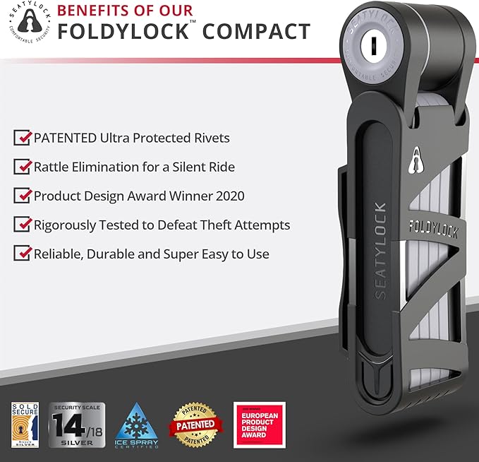 Seatylock FoldyLock Compact Folding Bike Lock - Award Winning Patented Lightweight High Security Bicycle Lock - Heavy Duty Anti Theft Smart Secure Guard with Keys & Case for Bikes or Scooters