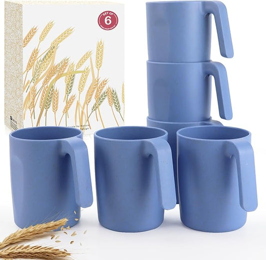 16oz Wheat Straw Cups with handles set of 6-Plastic Cups Reusable-Unbreakable Kids Mugs-Dishwasher Safe & Microwave Safe-Ideal Plastic Mugs for Tea,Coffee,Camping,RV-Sky Blue